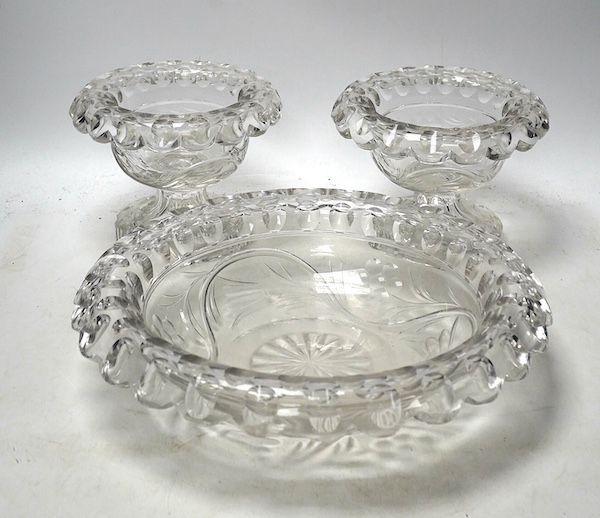 Three Victorian heavy cut glass bowls, largest 28cm. Condition - fair to good